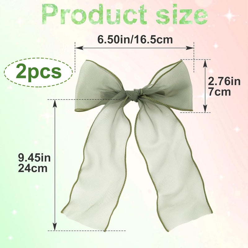 STSTR 2Pcs Large Hair Bow Clips, Green Silk Yarn Ribbon Bow Hair Barrette for Women, Elegant Long Tail Bowknot French Hair Accessories for Wedding, Parties, Festivals - Style 4 - Image 2